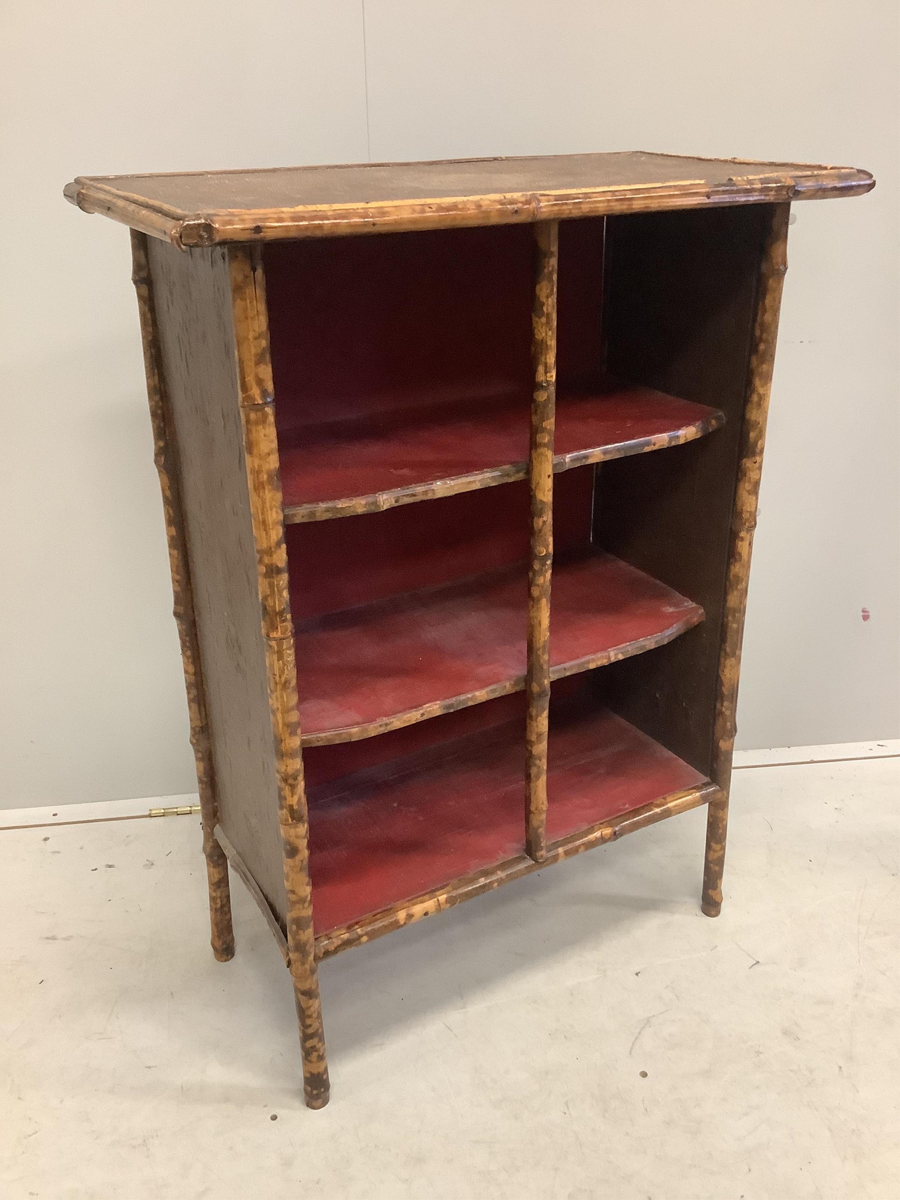 A late Victorian bamboo side cabinet, width 74cm, depth 37cm, height 99cm. Condition - poor to fair